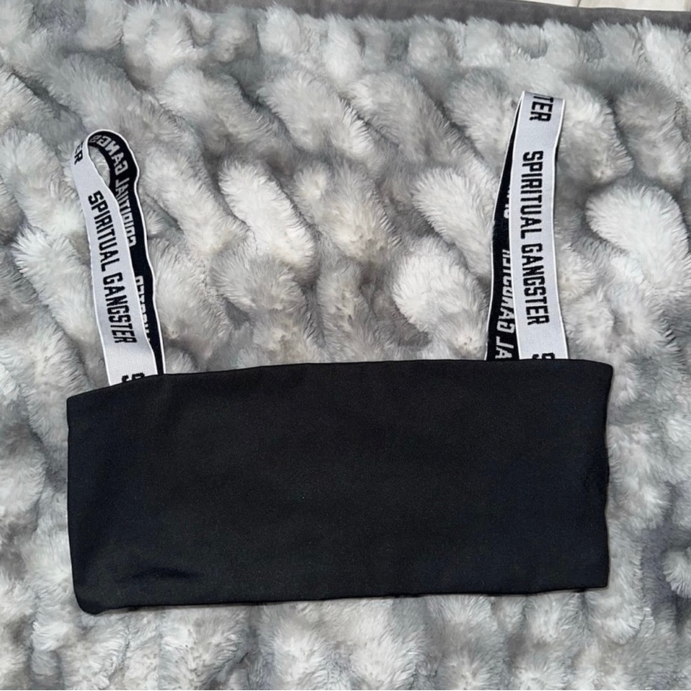 Spiritual Gangster Black Bandeau Sports Bra with White Logo Straps